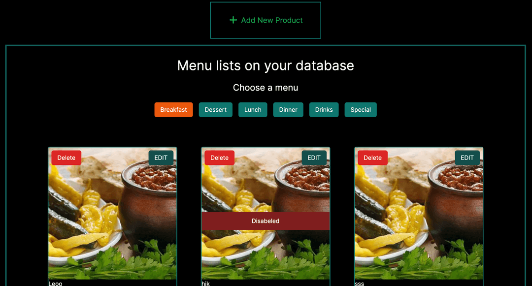 Restaurant Dashboard, Connected to Web Page